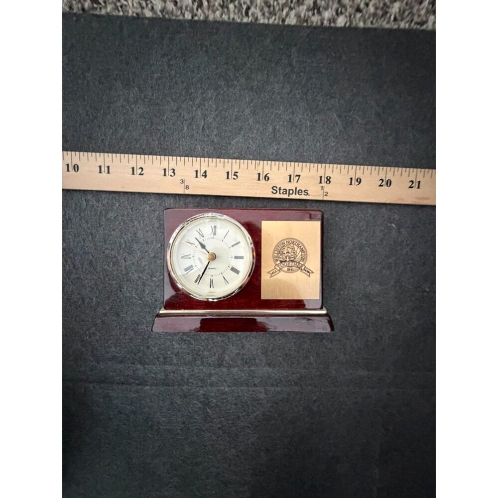 vtg. desk mantle clock with commemorative plaque